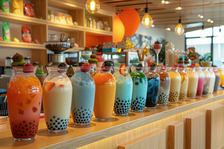 A vibrant and colorful assortment of refreshing bubble tea in various flavors takes center stage in a trendy cafe setting Bathed in bright daylight, the photo showcases the delicious fusion of fruity and creamy beverages, adorned with chewy tapioca pearls AI Generativeの素材