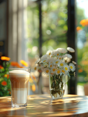 A sun-drenched cafe table beckons with a frothy cappuccino and a vibrant daisy bouquet Glistening windows frame a lush garden backdrop, creating a tranquil morning scene Cozy and serene, the atmosphere invites relaxation and quiet contemplation AI Generativeの素材