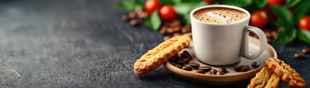 A warm, inviting morning scene unfolds with a rustic wooden table laden with the aroma of freshly brewed coffee Crunchy biscotti and ripe tomatoes add pops of color, while the gentle morning light creates a cozy atmosphere The perfect blend of flavors and textures promises a delightful start to the day AI Generativeの素材