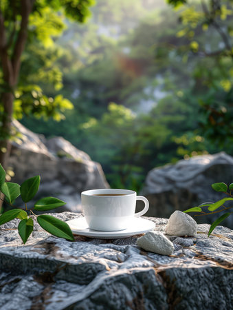 A serene morning scene unfolds with a pristine white coffee cup resting on a weathered rock Lush greenery frames the composition, bathed in warm sunlight The image evokes a sense of peaceful tranquility, capturing the beauty of a simple moment amidst nature&#39;s serenity AI Generativeの素材