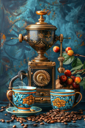 A vintage coffee brewing setup beckons with an ornate grinder, hand-painted cups, and a scattering of coffee beans A cherry branch adds a touch of rustic charm against a softly blurred artistic backdrop This image evokes the ritual and artistry of crafting a perfect cup of coffee AI Generativeの素材