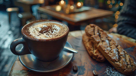 A steaming cup of coffee, flecked with chocolate sprinkles, sits beside a flaky croissant on a rustic wooden table Sunlight streams through the window of a quaint cafe, creating a warm and inviting atmosphere The scene is a perfect snapshot of a relaxing morning ritual AI Generativeの素材
