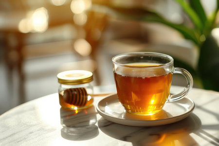 A warm cup of herbal tea with a drizzle of honey sits invitingly on a sunlit table The cozy and tranquil setting promotes relaxation and stress relief, creating an elevated tea drinking experience The soft light and warm hues evoke a sense of peace and tranquility, perfect for a moment of mindful escape AI Generativeの素材