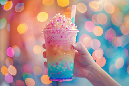 A vibrant, colorful milkshake bursts with flavor, topped with rainbow sprinkles The blurred bokeh background creates a dreamy summer atmosphere This delicious dessert beverage is perfect for satisfying sweet cravings and adding a splash of color to any photo AI Generativeの素材