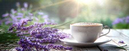 A steaming cup of coffee rests on a rustic wooden table, adorned with fragrant lavender flowers Warm sunlight bathes the scene, casting long shadows and creating a peaceful ambiance This tranquil image evokes a sense of calm and serenity, perfect for capturing the essence of a peaceful morning AI Generativeの素材