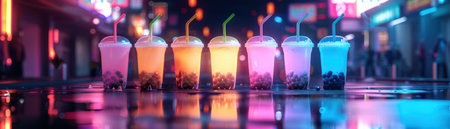 A vibrant night market bursts with life Colorful beverages shimmer under neon lights, reflecting off a glistening, wet street The urban setting buzzes with energy, as crowds weave through stalls laden with exotic goods This captivating scene captures the dynamic energy of a bustling night market AI Generativeの素材