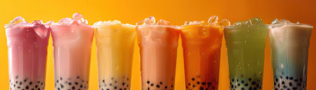 A vibrant array of colorful bubble tea drinks, topped with ice, bursts against a warm orange backdrop This tantalizing photo showcases the refreshing variety of flavors and styles, inviting you to indulge in the sweet, chewy goodness of this beloved beverage AI Generativeの素材