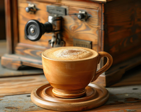 A rustic wooden coffee grinder sits beside a steaming cappuccino in a vintage cup, all resting on a weathered wooden table Sunlight streams in, highlighting the rich aroma of freshly brewed coffee in a cozy, inviting setting  Enjoy the authentic coffee experience with this evocative image AI Generativeの素材