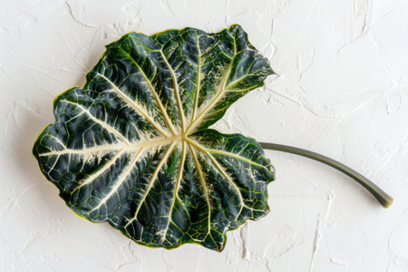 A mesmerizing close-up reveals the intricate beauty of a single green Alocasia leaf, its veins tracing delicate patterns against a pristine white backdrop This captivating image celebrates the natural elegance of botanical design, appealing to nature enthusiasts and garden lovers alike AI Generativeの素材