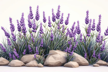 A breathtaking spring scene unfolds with vibrant purple lavender blossoms in full bloom, creating a captivating tapestry of color Lush green foliage surrounds the flowers, while natural rocks add a rustic charm to the picturesque landscape The gentle breeze carries the sweet scent of lavender, making this a truly enchanting garden setting AI Generativeの素材