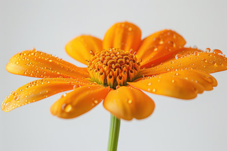 A vibrant orange flower blooms in close-up, its petals adorned with sparkling dew drops Macro photography captures the intricate details of the bloom, revealing delicate textures and velvety softness The flower stands out against a soft, blurred background, showcasing the natural beauty of a single blossom AI Generativeの素材