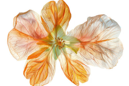 A delicate, semi-transparent flower with soft orange and white hues blooms against a clean white background Its petals, captured in close-up, reveal intricate details and a delicate ethereal beauty This image showcases nature&#39;s artistry in its purest form, highlighting the fragile grace of a single blossom AI Generativeの素材