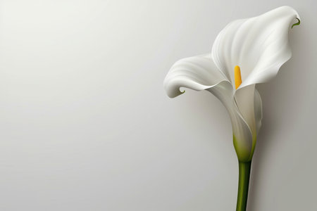 A solitary white calla lily, its graceful curves and pristine petals illuminated against a minimalist backdrop This captivating image exudes elegance and simplicity, making it ideal for home decor, nature enthusiasts, and botanical art lovers  The focus on the delicate bloom highlights its natural beauty in a timeless and understated composition AI Generativeの素材