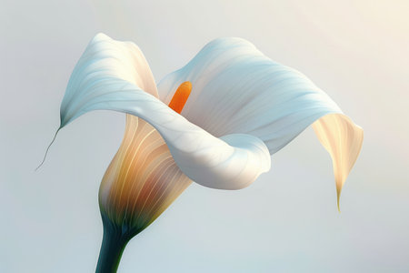 A pristine white Calla Lily bathed in soft light, its elegant form a symbol of purity and beauty Perfect for floral enthusiasts, nature lovers, and home decor, this image evokes peace and tranquility, inspiring art and design AI Generativeの素材