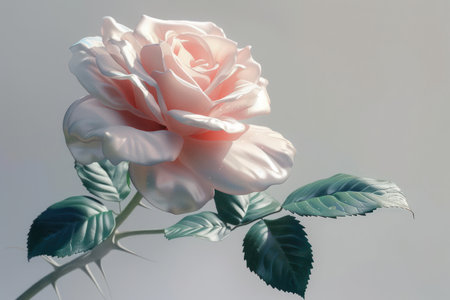 A delicate pink rose blooms in breathtaking detail, its velvety petals glistening with dew Lush, emerald leaves are adorned with sparkling droplets, capturing the serene beauty of nature The close-up perspective reveals the intricate textures and colors of this exquisite flower, creating a breathtaking masterpiece AI Generativeの素材