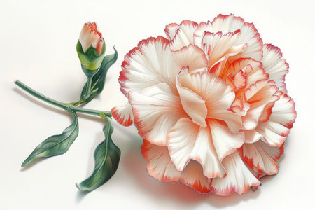 A captivating image of a pristine white carnation, accented with soft pink hues, its delicate petals gracefully unfurling Lush green leaves provide a vibrant contrast, making this a perfect choice for floral arrangements, nature photography, and botanical art enthusiasts AI Generativeの素材