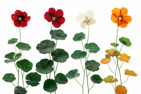 A dazzling display of red, white, and yellow blossoms bursts forth in this vibrant garden scene Lush green foliage frames the captivating floral diversity, showcasing the beauty and artistry of nature Perfect for decoration, horticulture, and artistic inspiration AI Generativeの素材