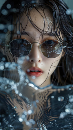 A captivating portrait of a young woman exudes modern coolness Her wet hair, dripping with water droplets, frames her face, partially obscured by stylish sunglasses The interplay of light and shadow creates an air of mystery, while her confident gaze hints at an elegant spirit AI Generativeの素材