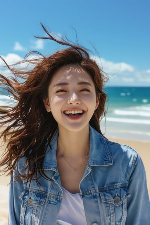 A radiant woman basks in the golden sunlight on a pristine beach With wind tousling her hair, she smiles wide, embodying pure joy The azure sky and gentle waves create a backdrop of serenity, capturing the essence of happiness, freedom, and the beauty of nature AI Generativeの素材