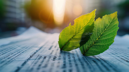 A serene morning scene where vibrant green leaves rest upon a newspaper against an urban backdrop Sunlight bathes the composition, highlighting the harmonious blend of nature and information The image symbolizes a peaceful coexistence between city life and the natural world AI Generativeの素材