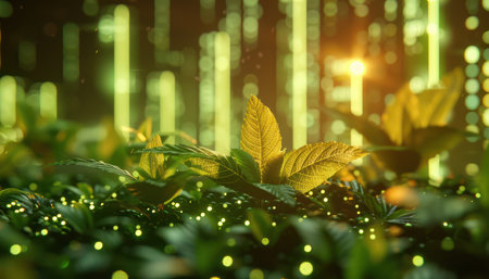 A vibrant fusion of nature and technology, this futuristic scene showcases lush green leaves illuminated by ethereal neon lights The digital environment symbolizes the harmonious integration of nature and tech, evoking a sense of wonder and possibility for a sustainable future AI Generativeの素材