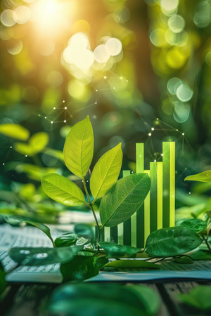 A vibrant, lush green plant thrives amidst data visualizations, symbolizing sustainability and environmental progress The image captures the essence of growth, eco-friendly solutions, and a flourishing future in a verdant setting Perfect for presentations, reports, and campaigns promoting sustainable practices AI Generativeの素材