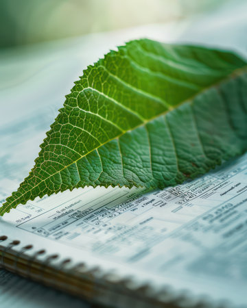 Close-up macro photography reveals the intricate textures and patterns of leaves, highlighting the beauty and complexity of botany  Soft focus and a paper background create a serene backdrop for exploring the intersection of nature and science through detailed botanical research AI Generativeの素材
