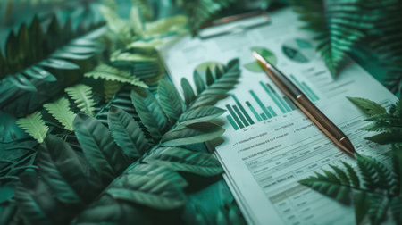A serene image capturing the essence of sustainable business practices Lush foliage frames a scene of financial reports and a pen, symbolizing the balance between environmental responsibility and financial growth This photo evokes a sense of harmony between nature and business, representing eco-friendly practices and sustainable development AI Generativeの素材