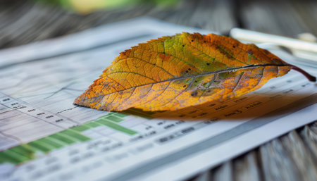 A vibrant autumn leaf rests atop a financial report, its warm hues contrasting with the stark black and white of numbers  The rustic wooden surface evokes a sense of time and nature, while the financial documents symbolize the ever-changing world of finance This image captures the intersection of seasons, economics, and the passage of time, offering a powerful visual commentary on the cyclical nature of both nature and the economy AI Generativeの素材