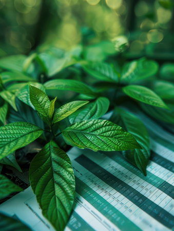 A vibrant, lush green plant bursts forth from a spreadsheet document, its leaves cascading over the paper in a natural outdoor setting This evocative image symbolizes the intersection of nature and business, highlighting the importance of environmental analysis and sustainable growth in today's world AI Generativeの素材