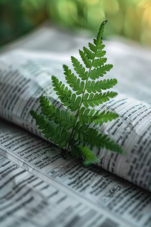 A delicate green fern leaf rests gracefully on an open book, its intricate fronds adding a touch of nature's beauty to a scene of quiet contemplation The out-of-focus background creates a serene and peaceful setting, symbolizing the harmonious blend of knowledge and the natural world AI Generativeの素材