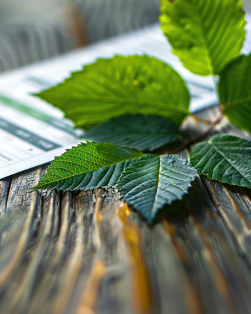 A serene workspace concept featuring fresh green leaves resting on a rustic wooden table, juxtaposed against a document background This image embodies the harmonious blend of nature and office, promoting eco-friendly workspaces and a calming, inspiring environment The botanical elements add a touch of tranquility to the workplace design AI Generativeの素材
