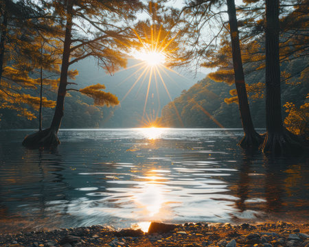 A breathtaking autumn sunset paints the sky in vibrant hues of orange, red, and purple, casting a warm glow over a serene lake Majestic mountains rise in the distance, their slopes adorned with colorful foliage The tranquil scene is framed by a lush forest, creating a captivating and awe-inspiring moment of natural beauty AI Generativeの素材