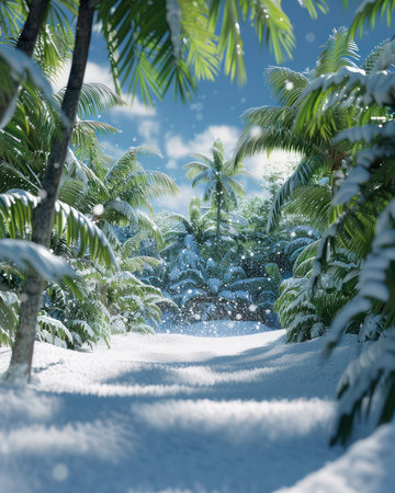 A magical winter wonderland unfolds in this unique tropical landscape Snow blankets the lush forest, transforming towering palm trees into ethereal silhouettes against a brilliant blue sky The sun&#39;s warm glow casts a serene light, creating a captivating scene of unexpected beauty AI Generativeの素材