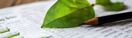 A close-up of a pencil resting on an open book, its point poised over a page filled with graphs and text A vibrant green leaf adds a touch of nature, symbolizing the connection between scientific knowledge, environmental awareness, and sustainable innovation AI Generativeの素材