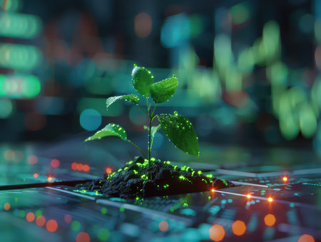 A futuristic vision of eco-innovation, where a vibrant green plant thrives within a matrix of data visualizations representing biotechnology This captivating image embodies the digital integration of nature and technology, highlighting the potential for sustainable growth and innovation in a tech-driven world AI Generativeの素材