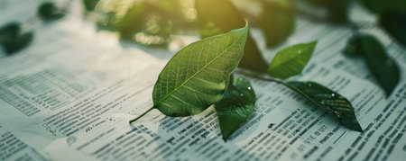 A tranquil morning scene unfolds, where sun-drenched green leaves dance on printed pages Soft focus creates a dreamy, ethereal atmosphere, capturing the serenity of nature&#39;s beauty This image evokes feelings of peace, tranquility, and connection to the natural world AI Generativeの素材