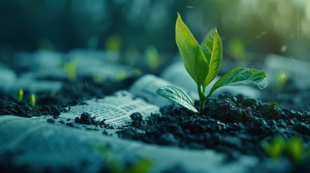 A vibrant green seedling pushes through decaying leaves, symbolizing the cycle of life and renewal This powerful image represents the interconnectedness of nature, showcasing the beauty of growth and sustainability in a fertile environment  The decaying leaves provide nutrients for the new life emerging, highlighting the delicate balance of ecosystems AI Generativeの素材