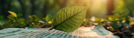A single leaf, bathed in the golden hues of sunrise, rests gently on an open book in an enchanted forest The peaceful scene evokes a harmonious connection between the natural world and the written word The leaf&#39;s delicate form and the book&#39;s weathered pages create a mesmerizing juxtaposition, inviting contemplation and wonder AI Generativeの素材