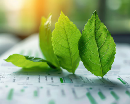 A vibrant tableau of sustainable business practices Fresh green leaves cascade over financial documents, symbolizing eco-friendly growth and a commitment to nature  Warm natural sunlight bathes the scene, highlighting the harmonious balance between prosperity and environmental responsibility AI Generativeの素材