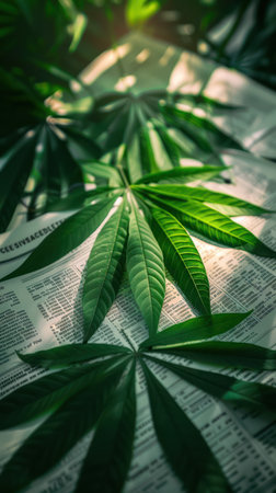 A serene scene of lush green cannabis leaves resting on a bed of newspapers, bathed in warm sunlight filtering through their glossy surface The vibrant foliage evokes relaxation and nature, while the news print adds a touch of daily life to this calming environment AI Generativeの素材