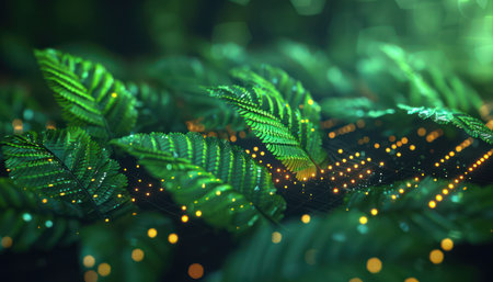 Immerse yourself in the ethereal beauty of nature Lush green leaves dance in dappled sunlight, their vibrant hues enhanced by digital effects A harmonious blend of reality and fantasy creates a mesmerizing visual, capturing the magic of the natural world AI Generativeの素材