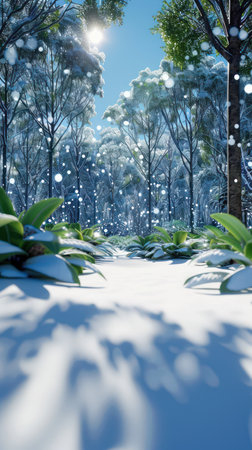 A pristine winter wonderland unfolds, where a snow-covered forest shimmers under sparkling sunshine Tranquil and captivating, the landscape is draped in a pristine white blanket, offering a breathtaking display of natural beauty The serene scene invites viewers to escape into the heart of winter&#39;s enchanting embrace AI Generativeの素材