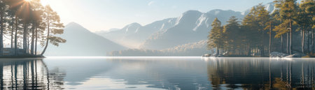 A serene mountain lake at sunrise captivates with its calm waters reflecting snow-capped peaks and misty forests Tranquil morning light bathes the scene in a golden glow, creating a picturesque landscape of breathtaking beauty AI Generativeの素材