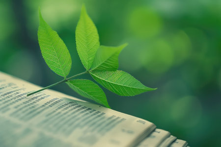 A verdant leaf, fresh and vibrant, gently embraces an open book, nestled amidst the tranquil beauty of a serene forest This evocative image symbolizes the harmonious relationship between knowledge and the natural world, highlighting the transformative power of learning inspired by nature&#39;s wonders AI Generativeの素材