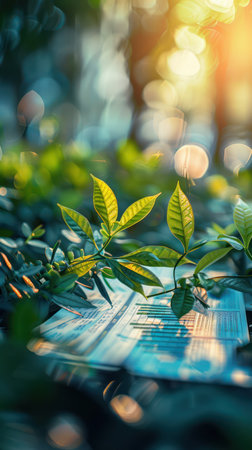 Embrace the tranquility of a serene morning with this captivating image Dew-kissed leaves shimmer in the warm sunshine, nestled amongst vibrant greenery A soft bokeh background creates a dreamy ambiance, perfect for nature lovers and outdoor enthusiasts seeking blissful moments AI Generativeの素材