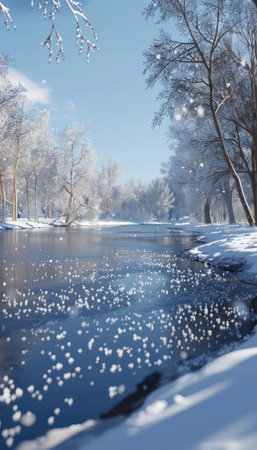 A serene winter wonderland unfolds along a tranquil river, where snow-covered trees stand tall against a clear blue sky The frosty landscape sparkles under the winter sun, creating a picture of peaceful tranquility  A perfect escape from the hustle and bustle of everyday life AI Generativeの素材