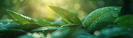 A serene close-up of lush green leaves glistening with dew in the morning sunlight This tranquil image captures the essence of nature&#39;s refreshment, perfect for creating a calming atmosphere in your home Use it as a wallpaper, interior decor, or for any project seeking a touch of serenity AI Generativeの素材