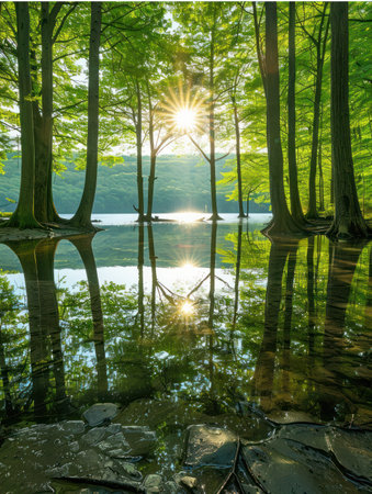 Sunlight filters through a canopy of trees, casting shimmering reflections on a serene forest lake The tranquil scene, perfect for peaceful contemplation, offers stunning opportunities for nature photography enthusiasts Capture the ethereal beauty of sunbeams dancing on the water&#39;s surface and the lush greenery surrounding the tranquil haven AI Generativeの素材