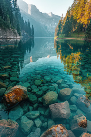 A serene alpine lake, its crystal-clear water reflecting the mist-shrouded mountain peaks  The rocky shoreline is bordered by towering pine trees, creating a picturesque scene perfect for nature lovers and outdoor enthusiasts seeking tranquility and breathtaking views AI Generativeの素材